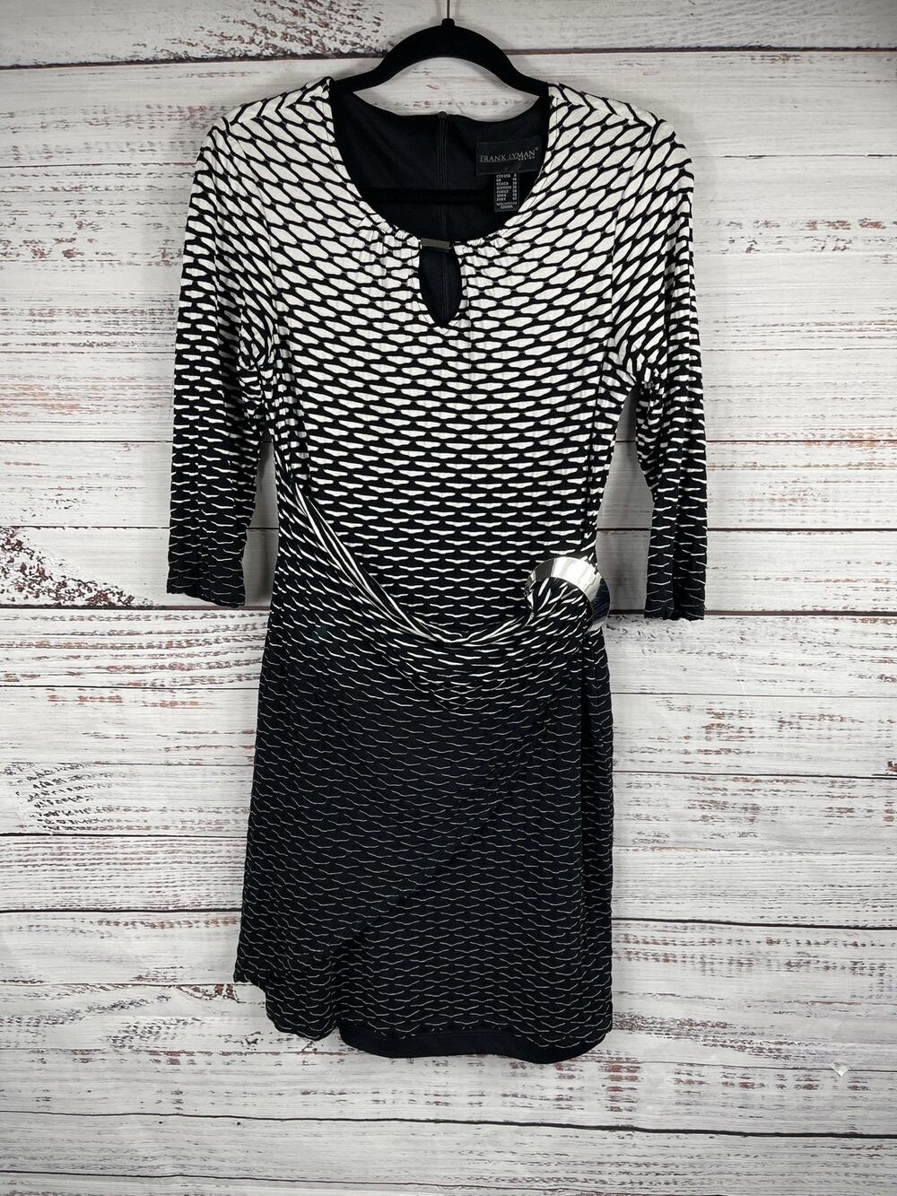 Frank Lyman Dress Women's 8 Geometric Belted 3/4 Sleeve Keyhole Sheath Canada